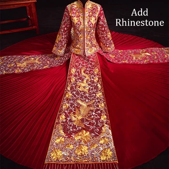 

Traditional Chinese Wedding Dress For Women Royal Rhinestone Cheongsam Embroidery Qipao Exquisite Long Tang Suit Clothing