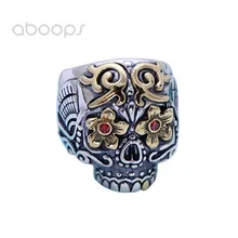 Punk 925 Sterling Silver Skull Open Ring with Red Eyes for Men Boys Adjustable Free Shipping punk skull rivet decorated bracelet with ring for women