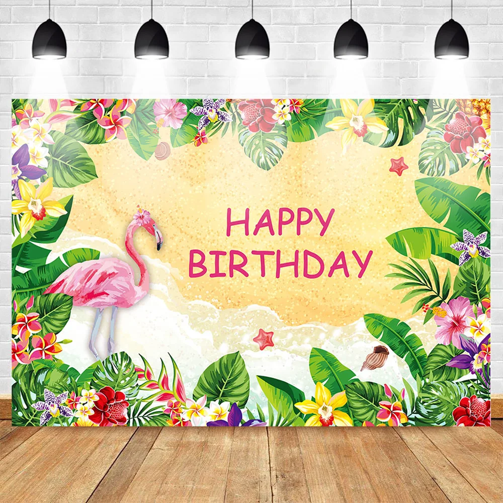 

Mehofoto Happy Birthday Photo Background for Photography Flamingo Backdrop Flower Sea Beach Summer Customized Backdrops