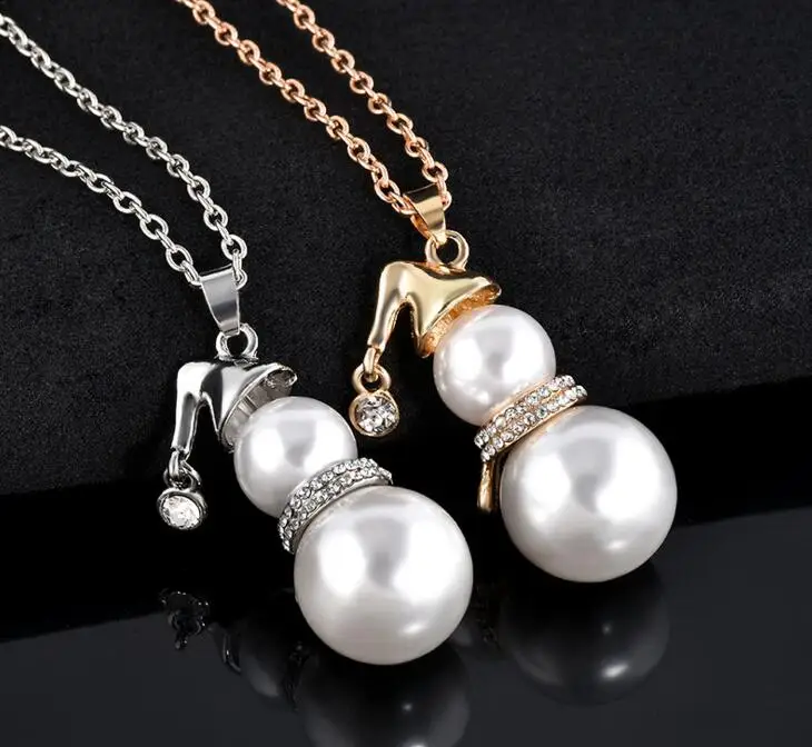 

2017 Cute Snowman Pendant Necklace Gold Silver Color With Simulated Pearl Long Chain For Women Girl Santa Claus Christmas Gifts