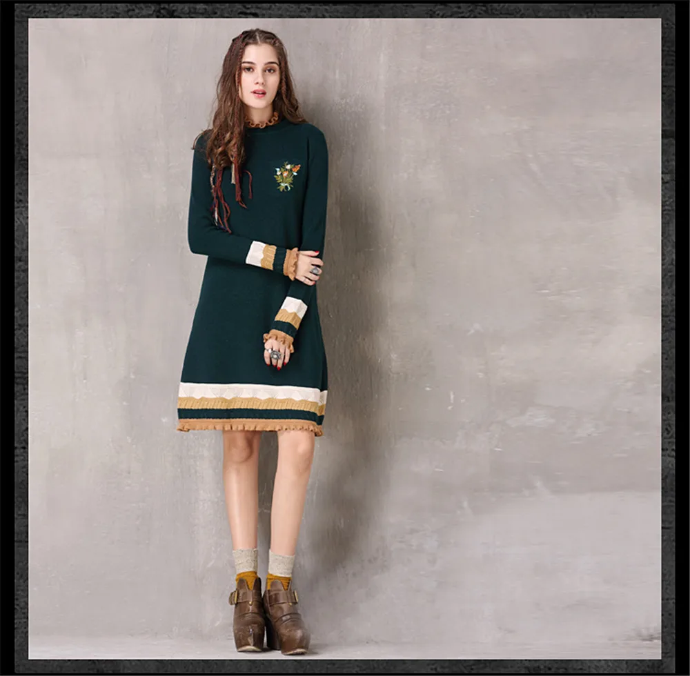 Vintage Winter Sweater Dress Women Green Casual Elasticity Cotton Dresses Autumn Knitting Ruffles-Neck Long Sleeve Dresses (15)
