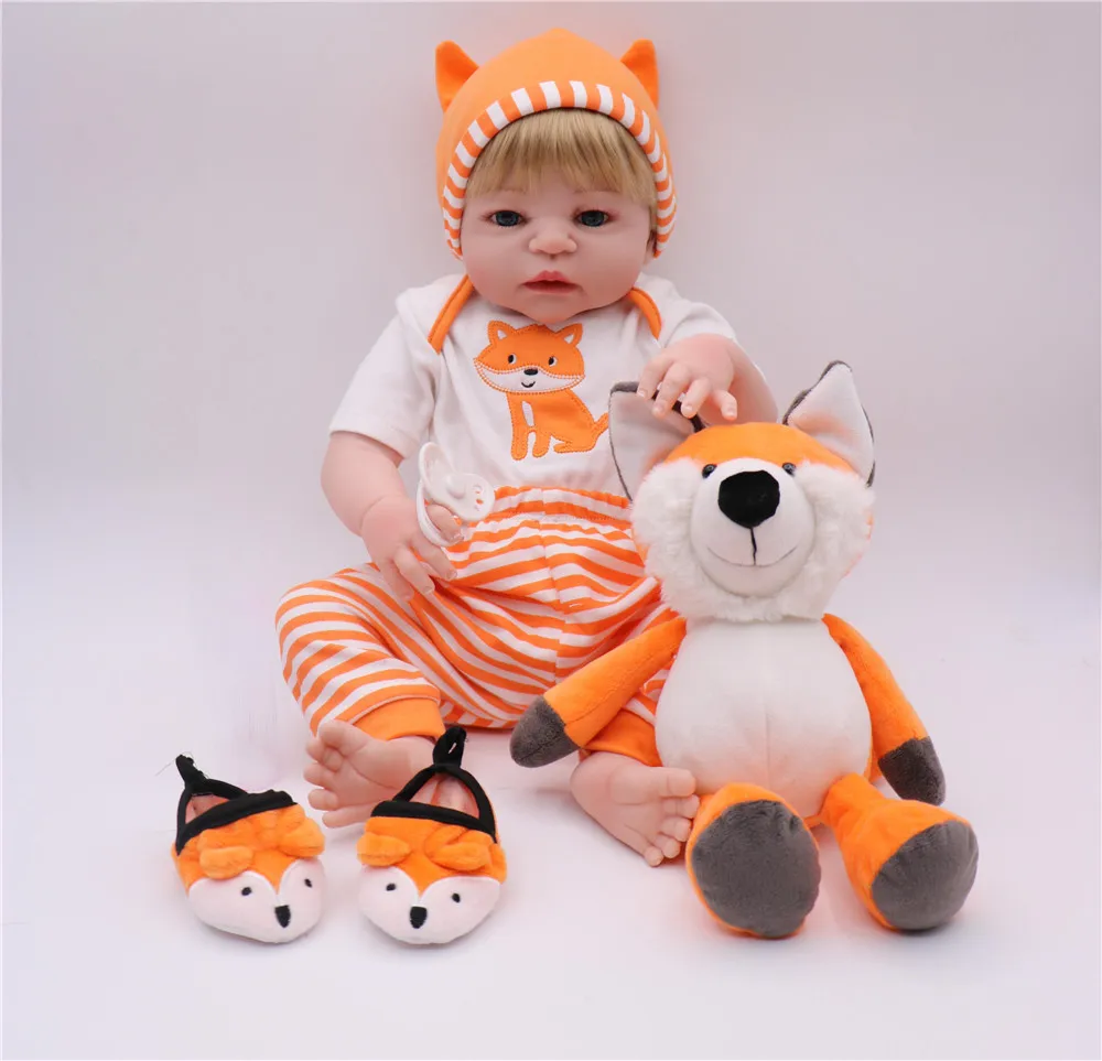 23'' Fashion blond boy Realistic Reborn Baby Doll Full Silicone Vinyl Adorable Baby Toy Wear Cartoon clothes Kid Birthday Gift