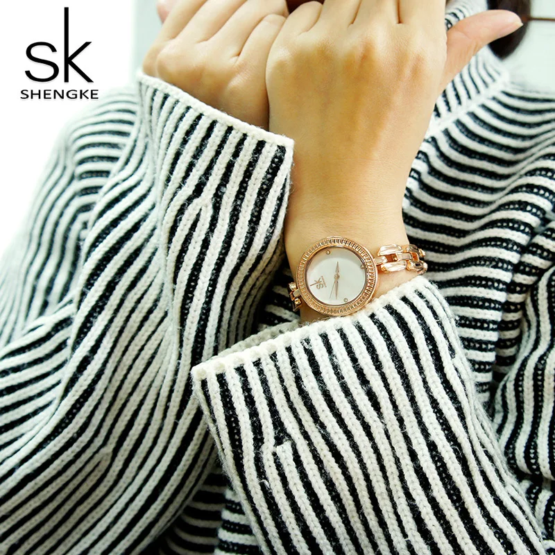 Женские часы Shengke кварцевые с круглыми циферблатами розовое золото 2019|clock brand|clock
