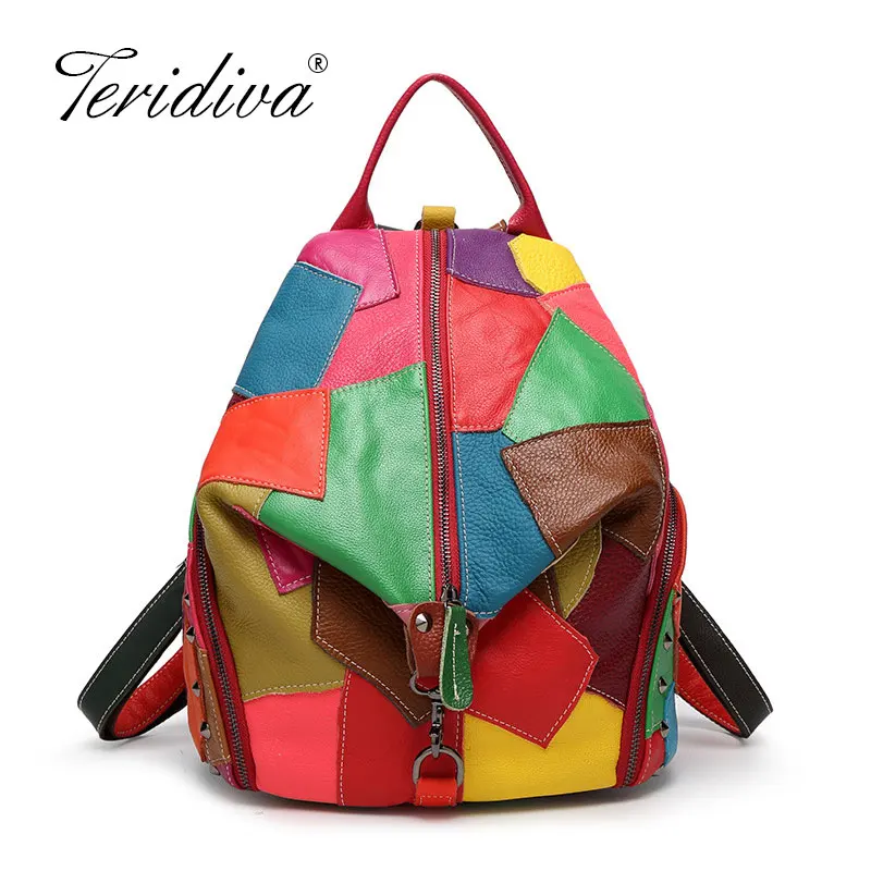 

Women Genuine Leather Backpack Female Leather Sheepskin Vintage Ladies Shoulder School Bags Colorful Random Patchwork