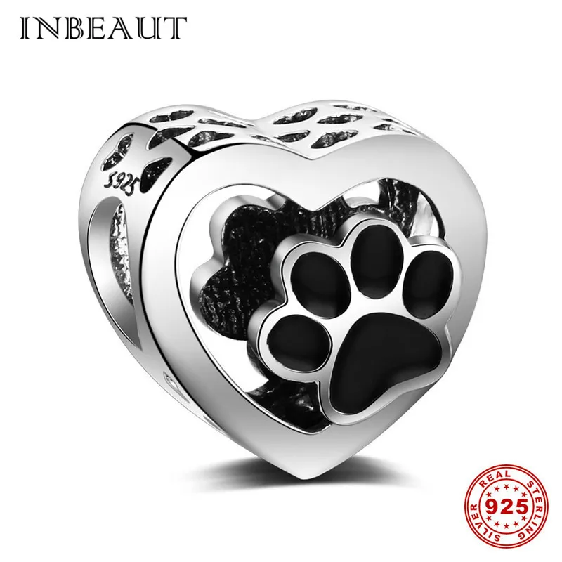 INBEAUT fit Pandora очаровательный браслет, серебро, 925, милые черные эмалевые шармы в виде медведей, лапы, бусины для женщин,, милые украшения для домашних животных