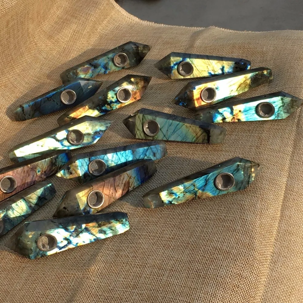 

Natural labradorite somking Pipe with Carb Hole Quartz Crystal healing 20pcs