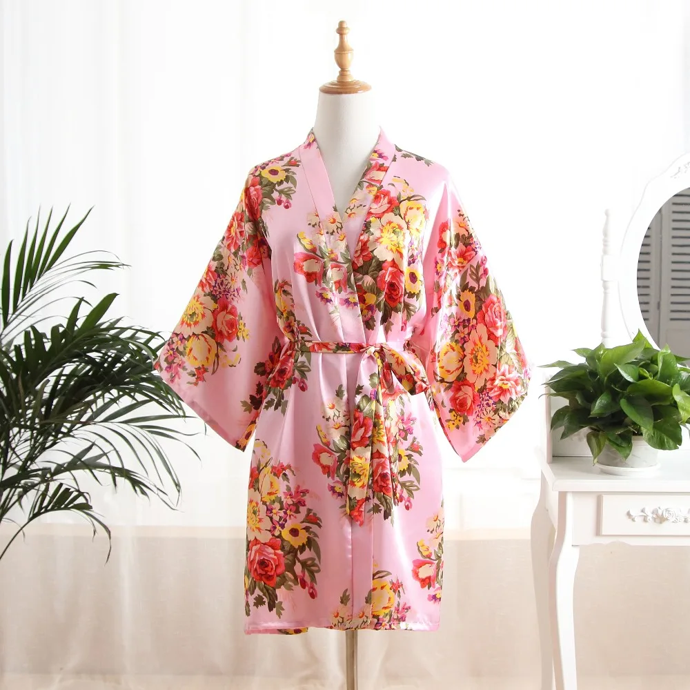 Новая горячая Распродажа ярко розовый цвет летние Для женщин шелковая ночная рубашка, платье подружки невесты, Свадебный халат платье Пион печатных кимоно юката платье один размер T88