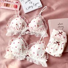 new young girls small wire free sleep underwear lace love embroidery thin cup with pad Japanese lingerie bra and panty set