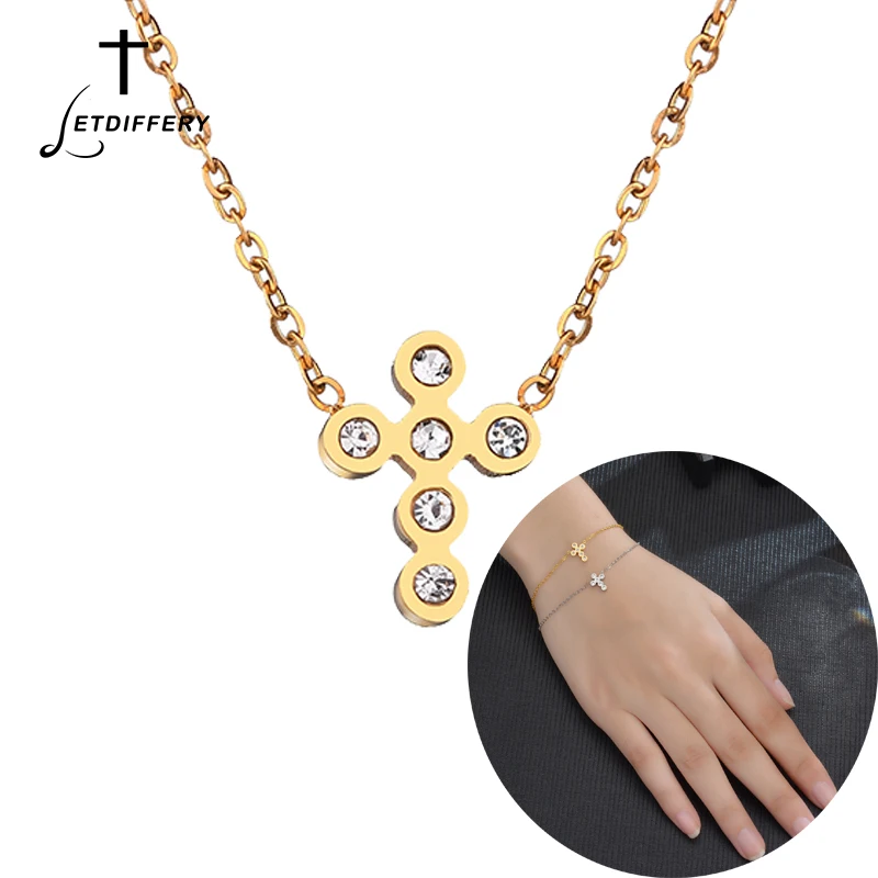 

Letdiffery Crucifix Jesus Christian Women Horizontal Sideways Cross Bracelets Necklace Set Rhinestone Jewelry Bridesmaids Gift