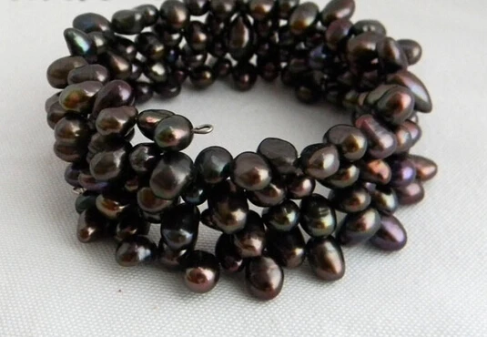 

free shipping 01435 4Strands 8'' Black Baroque Freshwater Pearl Bracelet