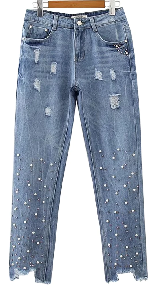 2017 new casual ripped BF jeans pants light blue cripped denim rivet pearl embroidery nail beads