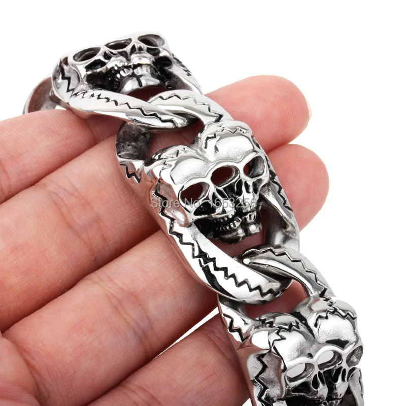 Silver Skull Biker Gothic Punk Byzantine Chain Link Stainless Steel Bracelet