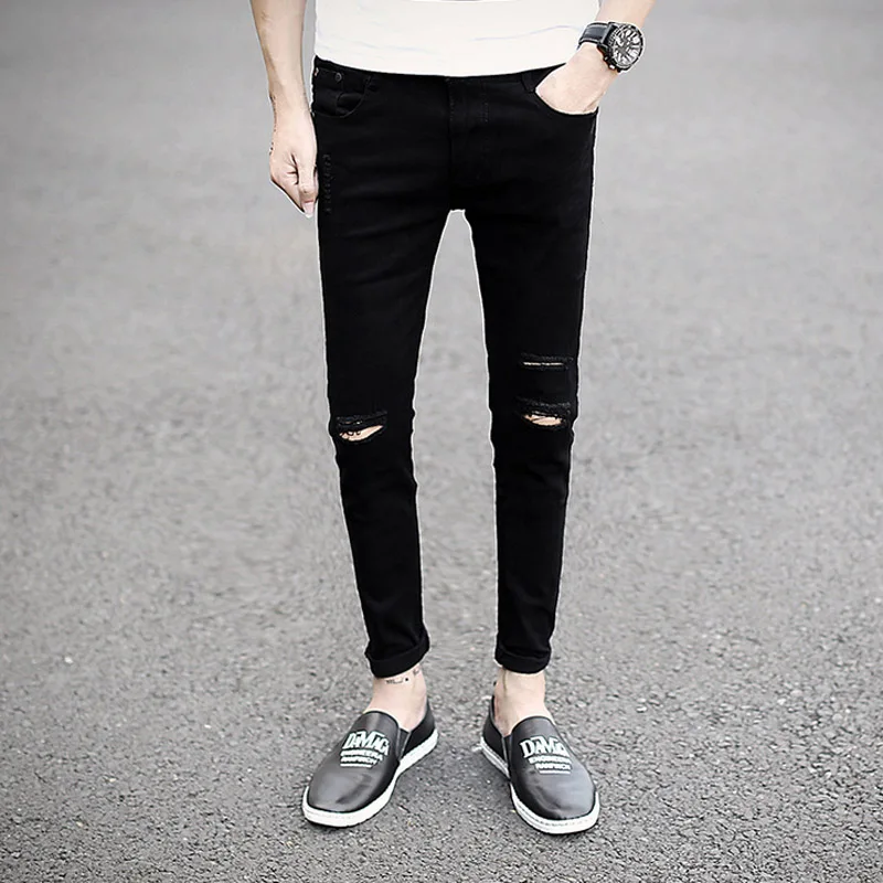 New arrival Spring Summer Knee hole men cowboy hip hop street black white denim skinny jeans men teenagers Ankle length pants