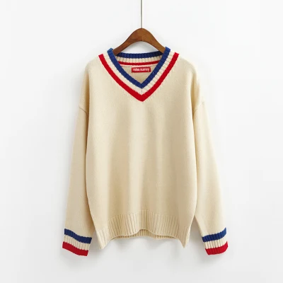 Зимний женский свитер Харадзюку каваи, свободные базовые модели, v-образный вырез, Женский Повседневный толстый джемпер, Ретро пуловер для женщин