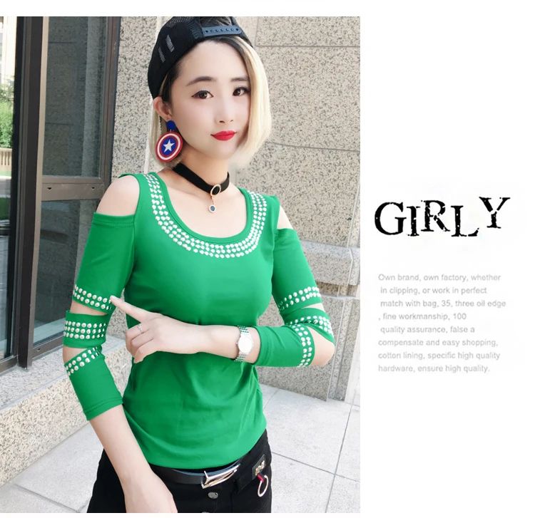 Korean Patchwork Sexy Off Shoulder Diamonds Tshirt New Autumn Women Top Three Quarter Clothes Shirt Camiseta Mujer T97210