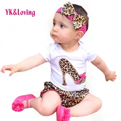 Комплект для маленьких девочек, хлопковый боди с короткими рукавами, леопардовые шаровары, шорты, повязка на голову, Одежда для