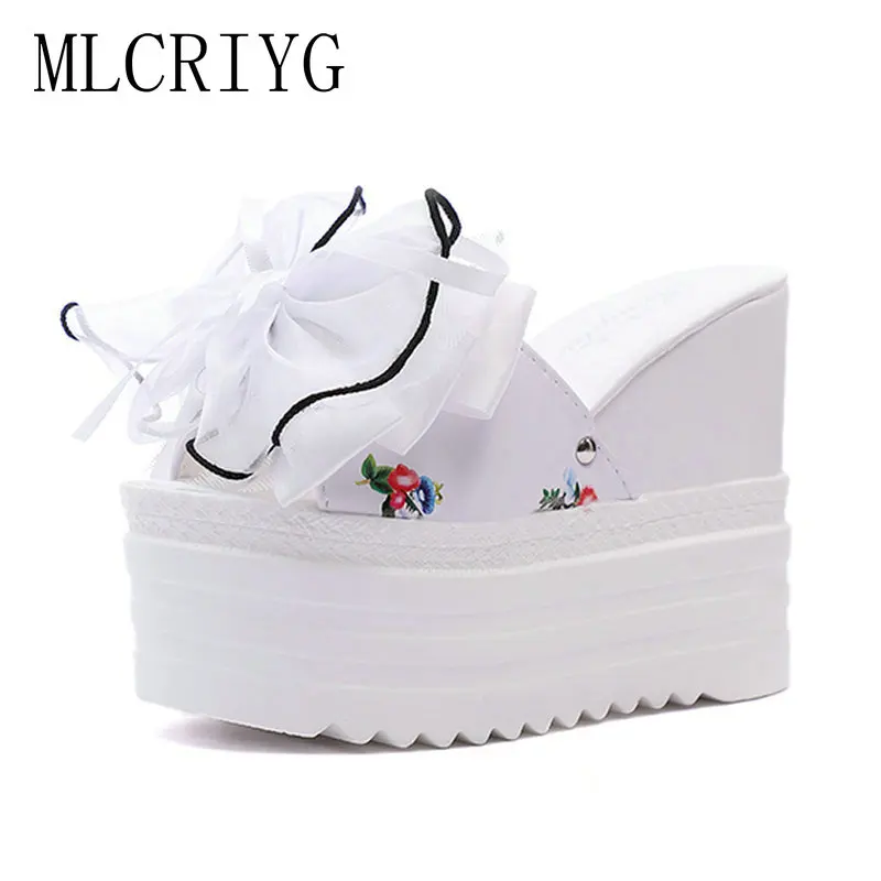 

2019 New Summer Women Comfortable Slippers Lace Bow Knot Wedge Heel Shoes Woman Height Increaing Heels Ladies Casual Flip FLops