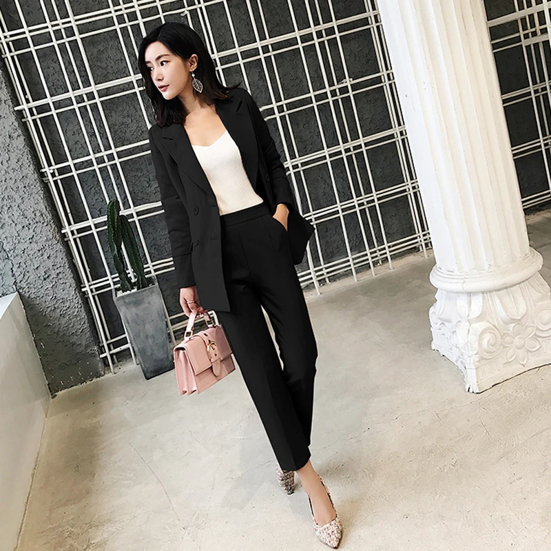 BGTEEVEER Casual 2 Pieces Set Women Pant Suits Notched Collar Blazer Jacket & Ankle-length Pants OL Female Suits 2018 Autumn