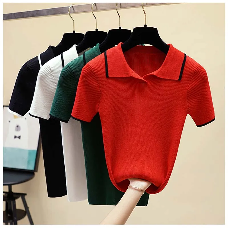 

2019 New Summer T Shirt Women Knitted solid Short Sleeves tee Top female T shirt Slim Knitwear Tee-shirt