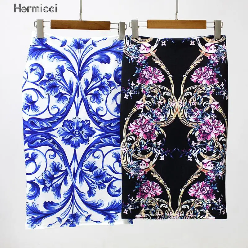 

Hermicci Summer 2017 Runway Vintage Ink Painting Print Pencil Bodycon Back Split High Waist Women Skirts Fashion Casual Skirt