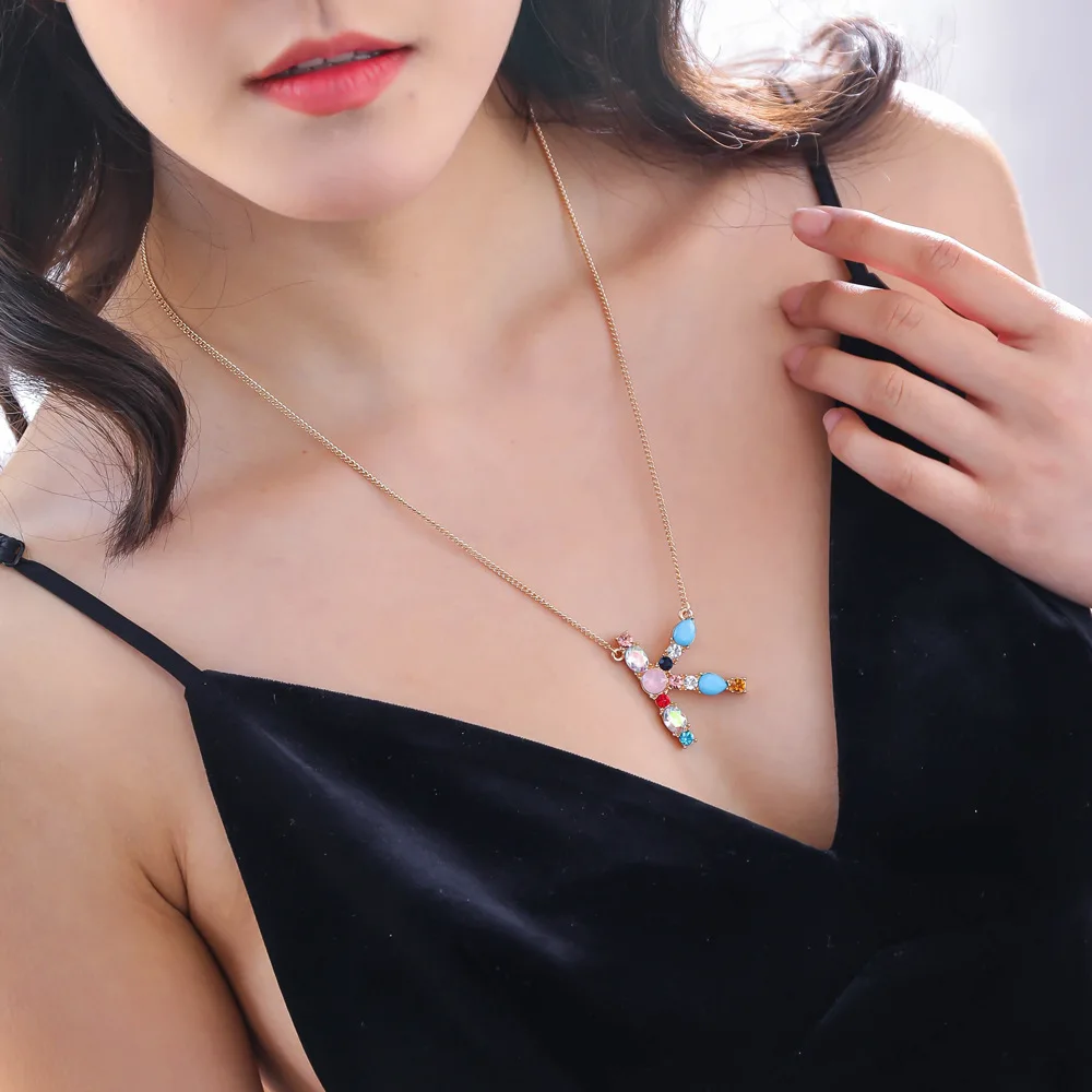 

Gold Color Initial Multicolor CZ Necklace Women Personalized Multicolor Crystal Letter Necklace Name Jewelry Accessories S4