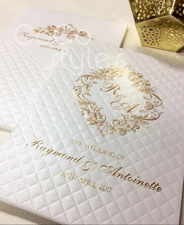  Cocostyles bespoke stunning rhombus debossing gold foiling invitation card for luxury wedding - 32878404045