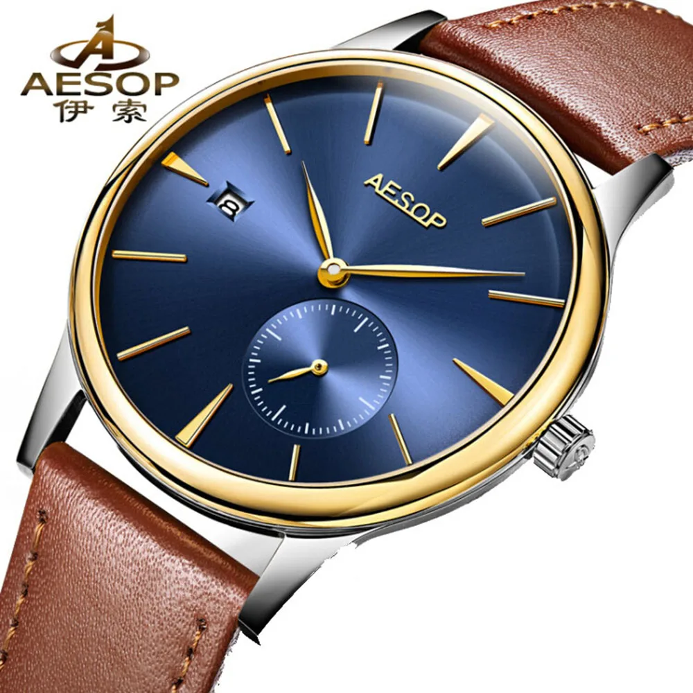 

Simple Design AESOP Ultra Thin Watches Men Blue Dial Automatic Self-Wind Waterproof Transparent Sapphire Brown Leather Clock
