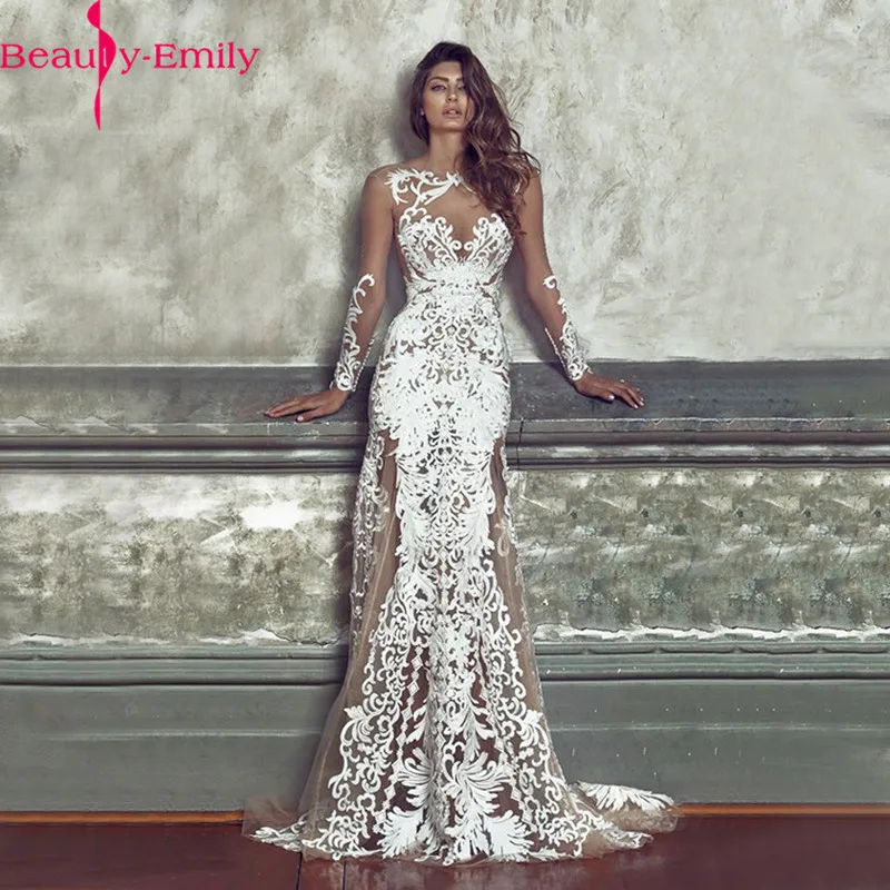 

Robe De Soiree Sexy Illusion O Neck Mermaid Evening Dress 2019 Charming Lace See Through Long Sleeve Formal Party Dress Vestidos