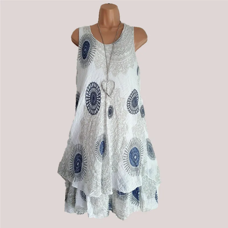 

Womens Summer Boho Beach Style Floral Print Sleeveless Loose Vest Tops Blouse Casual Tee Plus Size 3XL Multi-layers Mini Dress