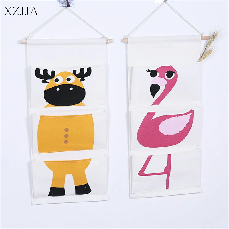 

XZJJA Cartoon Animal Flamingo Hanging Organizers Clothing Socks Underwear Storage Bag Linen Wall Door Hanging Bag 3 Pockets