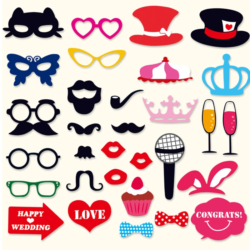 

31pcs Fun Wedding Decoration Photo Booth Props DIY Paper Beard Crown Tie Mask Lips Photobooth Accessories Wedding Party Supplies