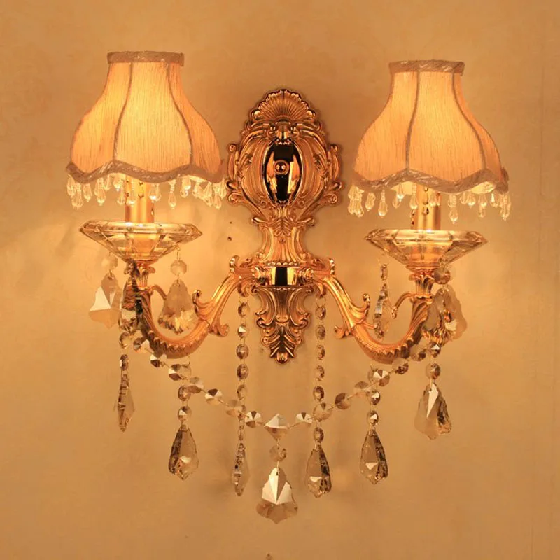 European Gold Carved Alloy Fabric Crystal Corridor Wall Lights Bedroom