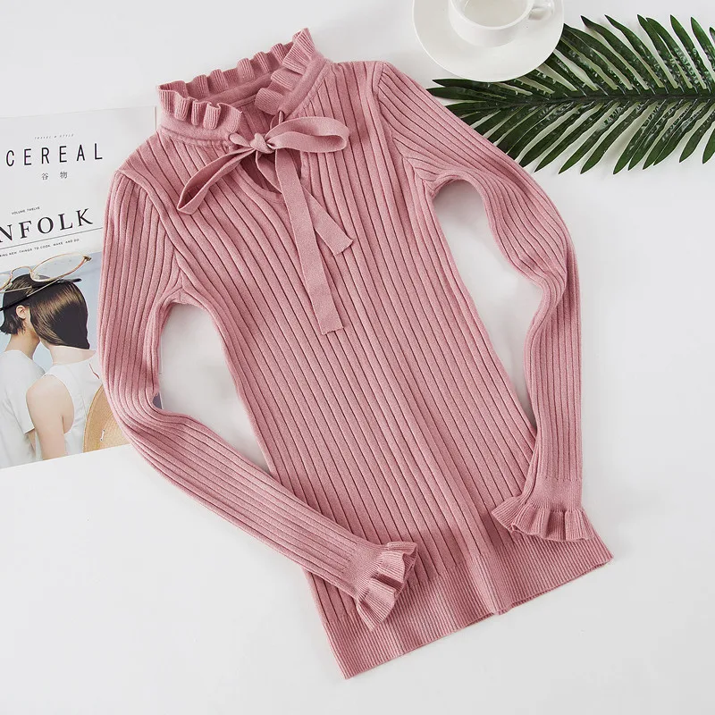 Elegant Ruffle Women Sweaters and Pullovers Office Lady Flare Sleeve Lace Up Turtleneck Knit Tops 2019 Fall Jersey Basic Jumper