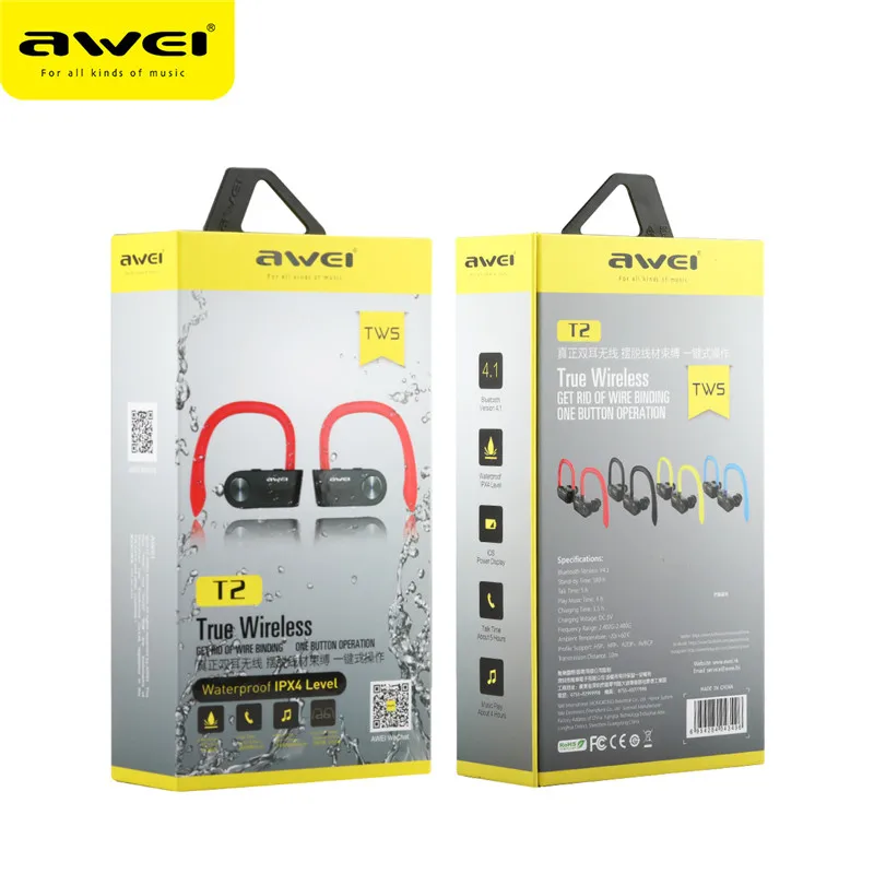 Оригинальные наушники вкладыши Awei T2 TWS с Спортивные крепление наушников Bluetooth