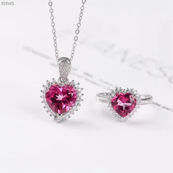 

wholesale romantic 925 sterling silver natural pink topaz hearted-shape necklace pendant ring jewelry set for wedding engagement