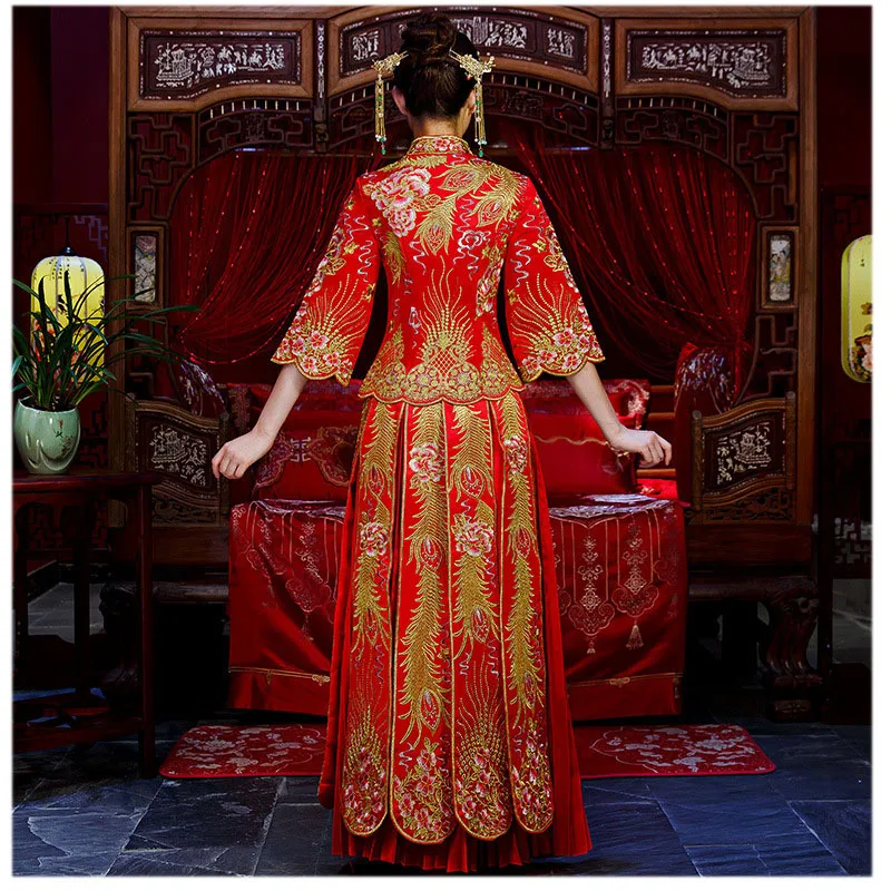 Высокое качество Красный Традиционный китайский свадебное платье долго Cheongsam ручной вышивки дракон феникс Qipao Ретро Халат