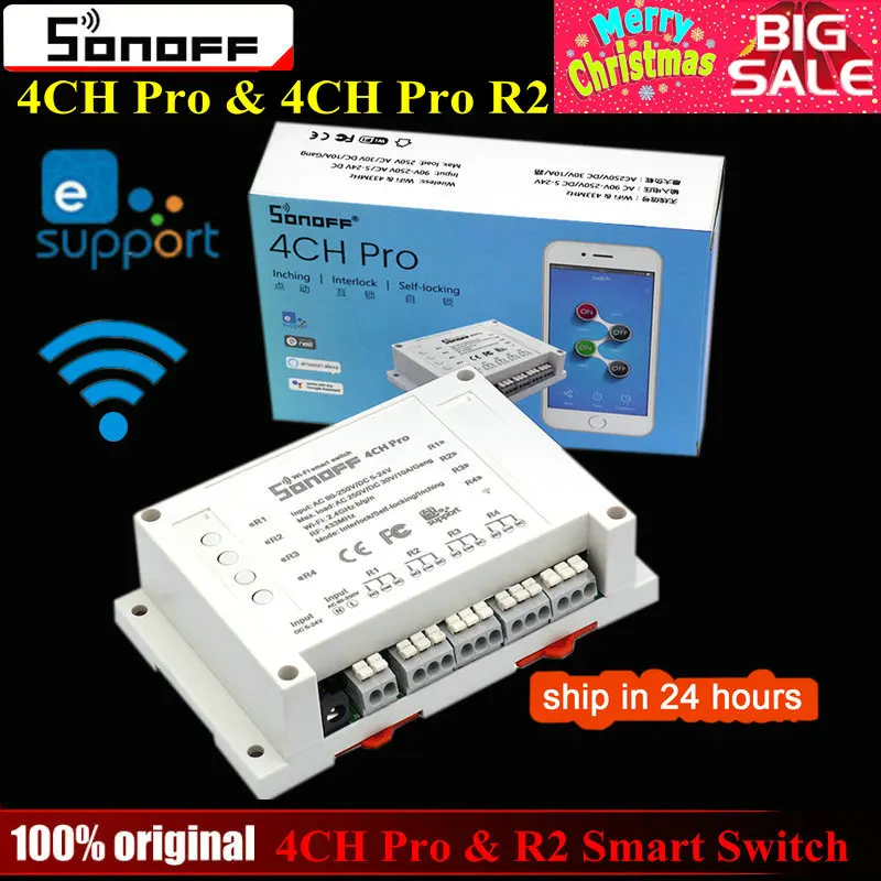 

Sonoff 4CH Pro & Pro R2 Smart Wifi Switch Home 433MHz RF Wifi Light Switch 4 Gang 3 Working Modes Inching Interlock With Alexa