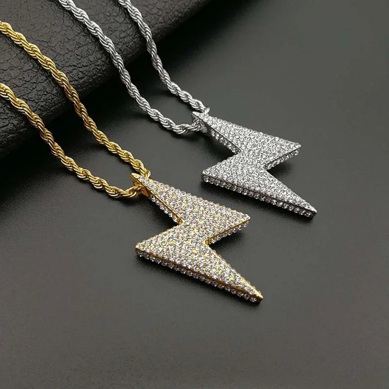 

Hip Hop Full Rhinestones Paved Bling Iced Out Titanium Stainless Steel Lightning Pendants Necklace for Men Rapper Jewelry Gold