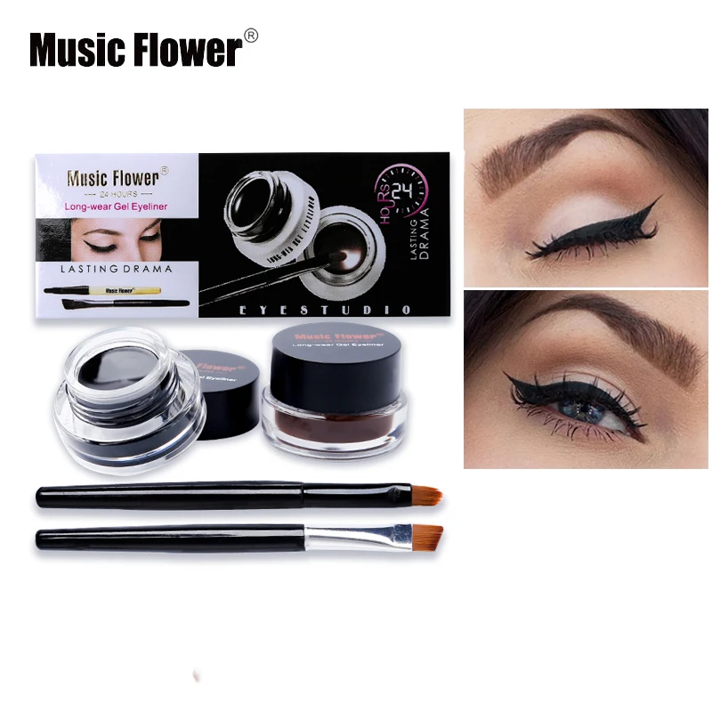 Music Flower-Juego de maquillaje de ojos 2 en 1, delineador de Ojos de Gel marrón negro, crema a prueba de agua, textura cremosa, delineador de ojos con pinceles