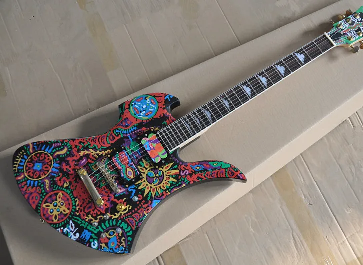 

New Arrival! Painted pattern Unusual Shape Electric Guitar with Golden Hardwares,Rosewood Fretboard, offer customized