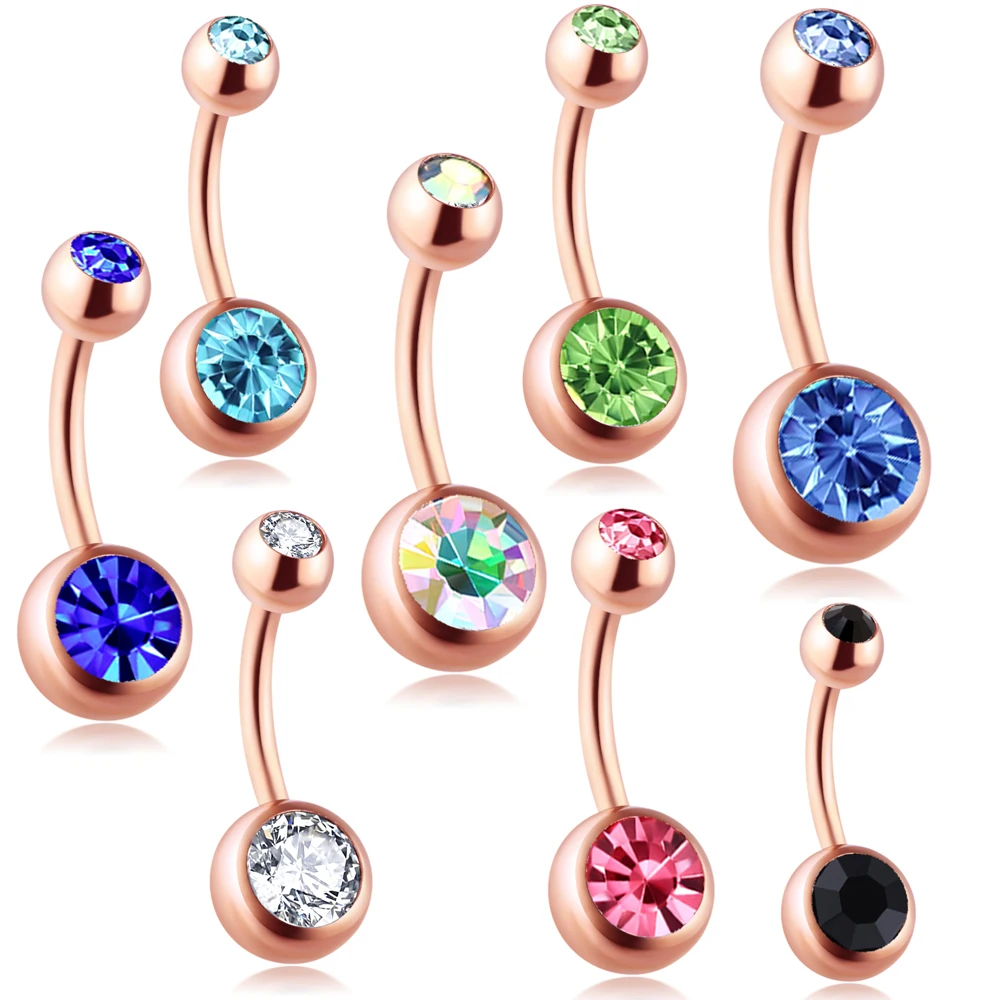 TIANCIFBYJS Double Gem Rose Gold Bars Belly Button Ring Steel 14G Screw Navel Rings Bell Piercing Body Jewelry Cartilage Earring |