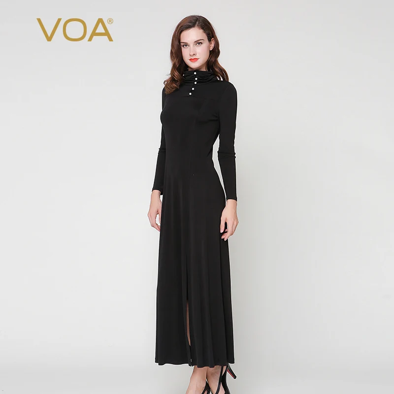 

VOA Plus Size Silk Knit Pearl Beading Women Skinny Party Dress Solid Black Elegant Slim Sexy Slit Long Dress Spring Autumn A7296