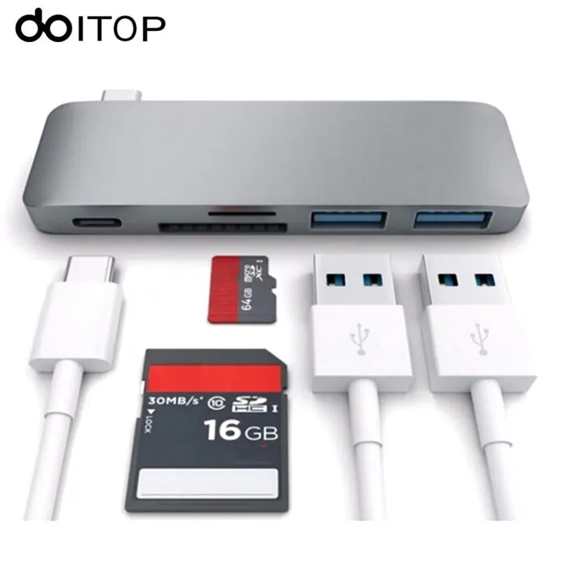 DOITOP USB-C концентратор нескольких Порты и разъёмы Тип-C концентратор адаптер конвертер с 2 USB 3,0 Порты Тип C зарядки Порты и разъёмы SD/TF Card Reader