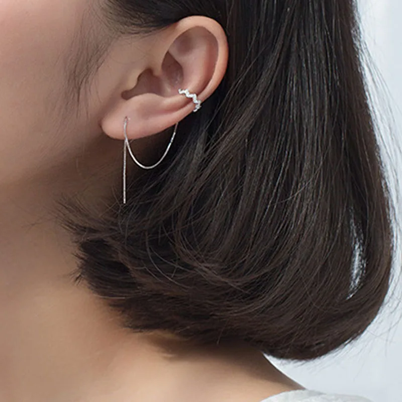 

Earrings Fashion Jewelry 925 Sterling Silver Rhinestones Wave Clip on Ear Rings Drop Tassel Korean Earring pendientes mujer