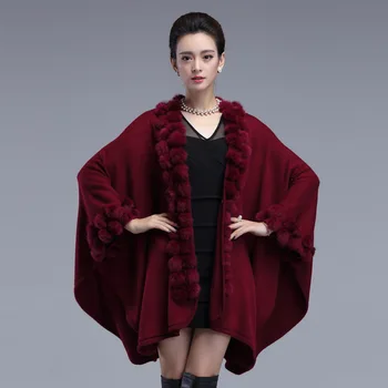 

FXFURS Womens Capes and Ponchoes Winter Rabbit Fur Ball Shawl Oversized Knitted Sweater Poncho Long Cashmere Cardigan Coat
