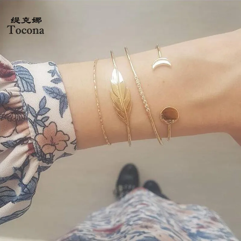 

Tocona New Arrival High Quality Bohemia 4pcs/sets Bracelets Gold Color Leaf Moon Geometric Chain Jewelry For Women Ladies C05309