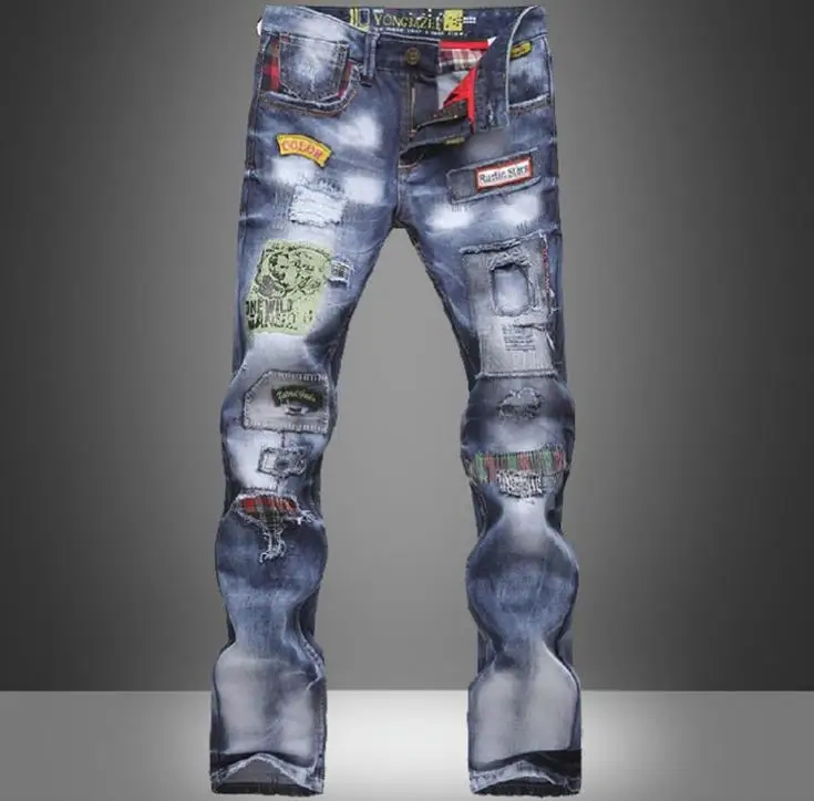 

Men's Fashion Torn Jeans Patched Holey Washed Words Straight Leg Fitted Blue Jeans Hip Hop Pants