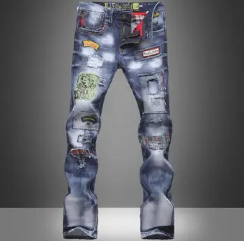 

Men's Fashion Torn Jeans Patched Holey Washed Words Straight Leg Fitted Blue Jeans Hip Hop Pants