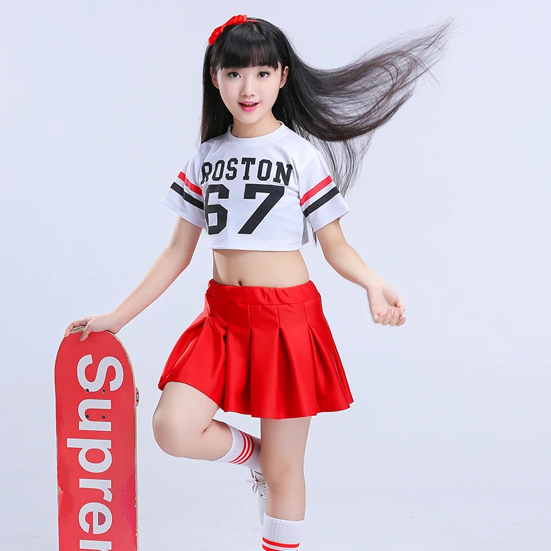 

Children Girl Hip Hop Costume Short-Sleeve White T-shirt Red Skirt Jazz Costume Cheerleading Cheerleader Dress Sock Kid Uniforms