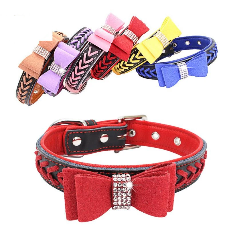 Hot Drilling Contrast Leather Bow Pet Collars Double Layer High grade